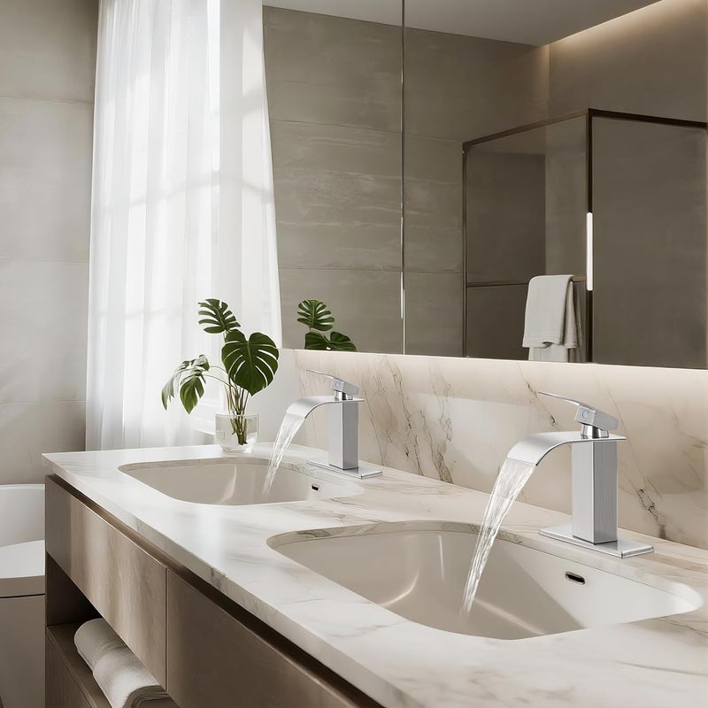 LUFG Bathroom Faucets Brushed Nickel Waterfall Bathroom Sink Faucet Modern Single Handle Bathroom Faucet for 1 or 3 Hole Mxier Tap Washbasin Faucet with Deck, Pop-up Drain and Supply Hoses 2 Pack - Image 4